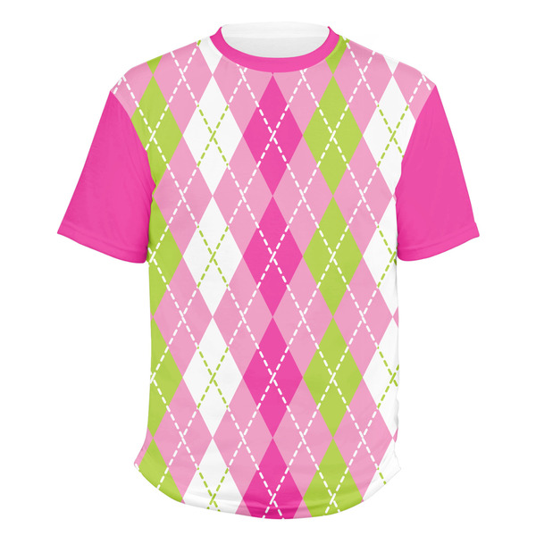 Custom Pink & Green Argyle Men's Crew T-Shirt - Large