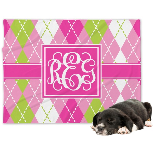 Custom Pink & Green Argyle Dog Blanket - Large (Personalized)