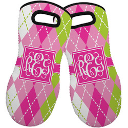 Pink & Green Argyle Neoprene Oven Mitts - Set of 2 w/ Monogram