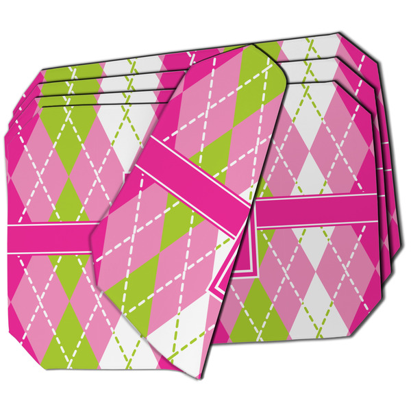 Custom Pink & Green Argyle Dining Table Mat - Octagon - Set of 4 (Double-SIded) w/ Monogram