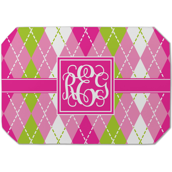 Custom Pink & Green Argyle Dining Table Mat - Octagon (Single-Sided) w/ Monogram