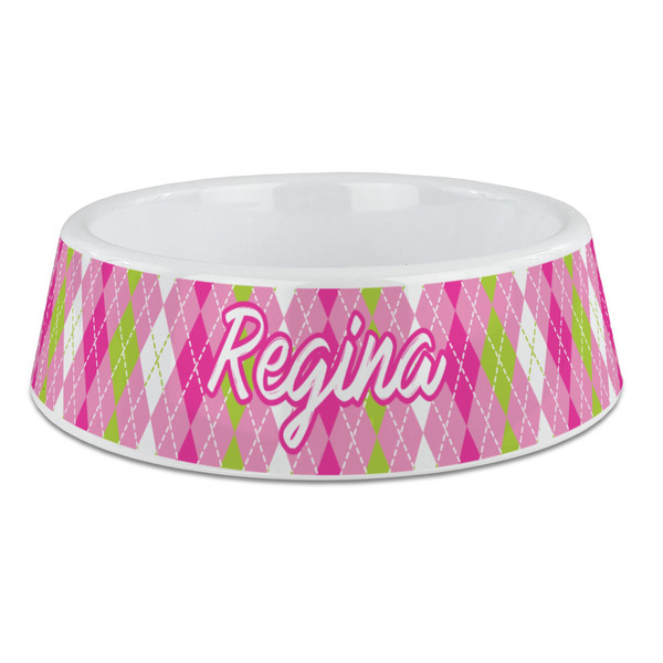 Custom Pink & Green Argyle Plastic Dog Bowl - Large (Personalized)