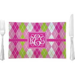 Pink & Green Argyle Glass Rectangular Lunch / Dinner Plate (Personalized)