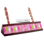 Pink & Green Argyle Red Mahogany Nameplate with Business Card Holder (Personalized)