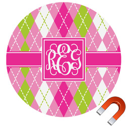 Pink & Green Argyle Round Car Magnet - 6" (Personalized)