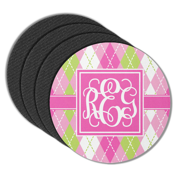 Custom Pink & Green Argyle Round Rubber Backed Coasters - Set of 4 (Personalized)