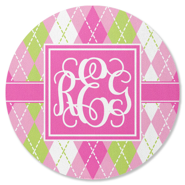 Custom Pink & Green Argyle Round Rubber Backed Coaster (Personalized)