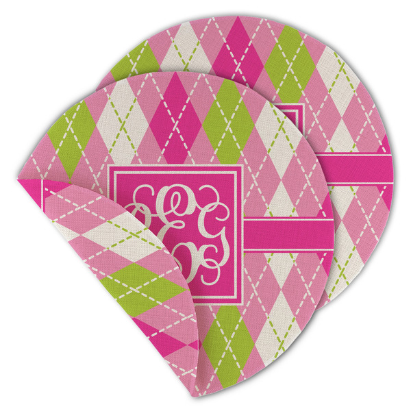 Custom Pink & Green Argyle Round Linen Placemat - Double Sided (Personalized)