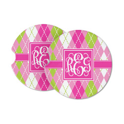 Pink & Green Argyle Sandstone Car Coasters (Personalized)