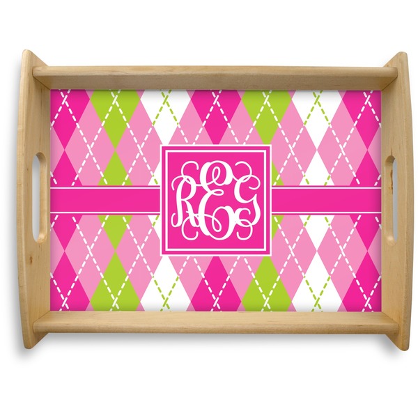 Custom Pink & Green Argyle Natural Wooden Tray - Large (Personalized)