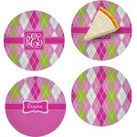 Pink & Green Argyle Set of 4 Glass Appetizer / Dessert Plate 8" (Personalized)