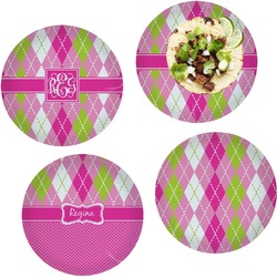 Pink & Green Argyle Set of 4 Glass Lunch / Dinner Plate 10" (Personalized)