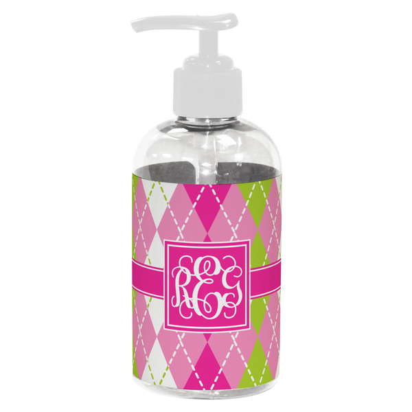 Custom Pink & Green Argyle Plastic Soap / Lotion Dispenser (8 oz - Small - White) (Personalized)