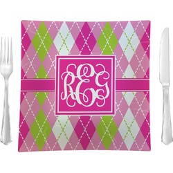 Pink & Green Argyle Glass Square Lunch / Dinner Plate 9.5" (Personalized)