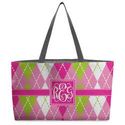 Pink & Green Argyle Beach Totes Bag - w/ Black Handles (Personalized)
