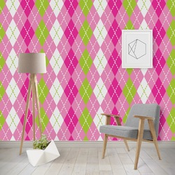 Pink & Green Argyle Wallpaper & Surface Covering (Water Activated - Removable)