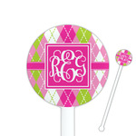 Pink & Green Argyle 5.5" Round Plastic Stir Sticks - White - Double Sided (Personalized)