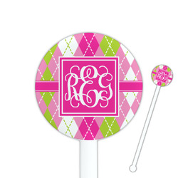 Pink & Green Argyle 5.5" Round Plastic Stir Sticks - White - Double Sided (Personalized)