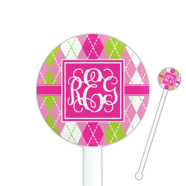 Custom Pink & Green Argyle 5.5" Round Plastic Stir Sticks - White - Double Sided (Personalized)