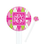 Pink & Green Argyle 7" Round Plastic Stir Sticks - White - Single Sided (Personalized)