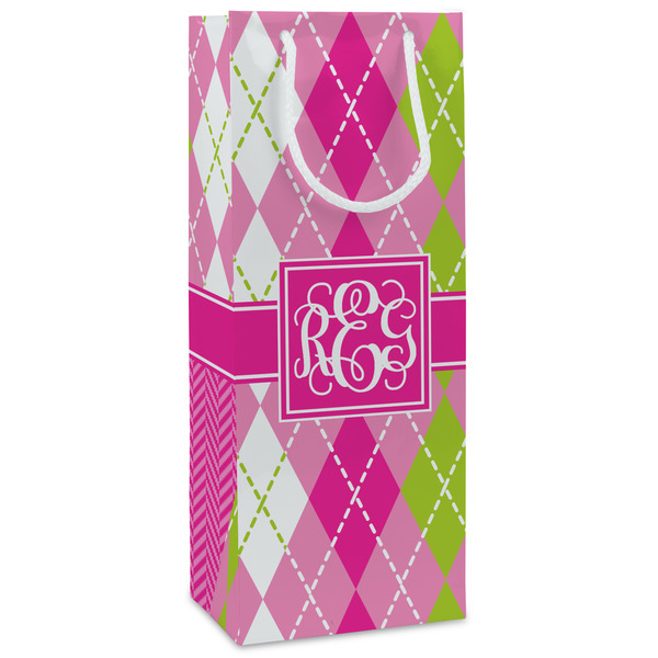 Custom Pink & Green Argyle Wine Gift Bags (Personalized)