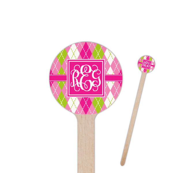 Custom Pink & Green Argyle 7.5" Round Wooden Stir Sticks - Double Sided (Personalized)