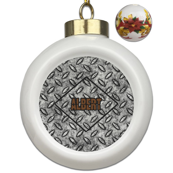 Custom Diamond Plate Ceramic Ball Ornaments - Poinsettia Garland (Personalized)