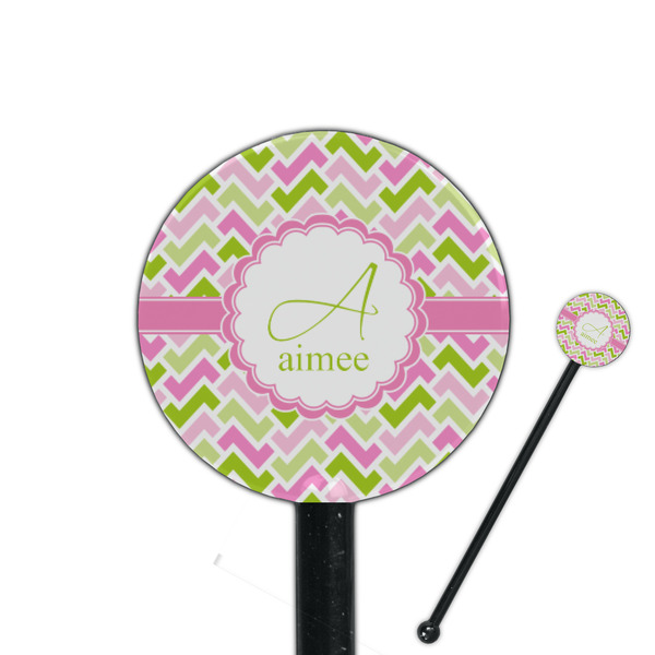 Custom Pink & Green Geometric 5.5" Round Plastic Stir Sticks - Black - Single Sided (Personalized)