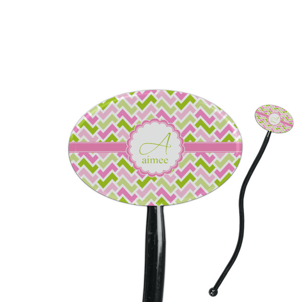 Custom Pink & Green Geometric 7" Oval Plastic Stir Sticks - Black - Double Sided (Personalized)