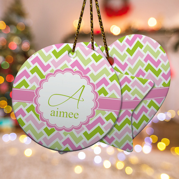 Custom Pink & Green Geometric Ceramic Ornament w/ Name and Initial