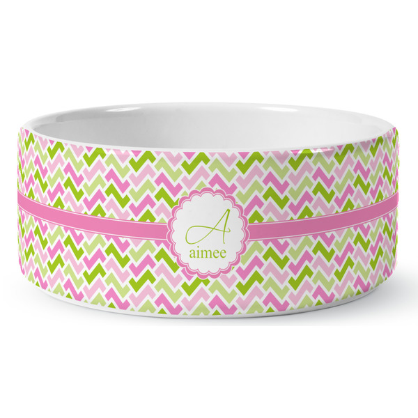 Custom Pink & Green Geometric Ceramic Dog Bowl - Large (Personalized)