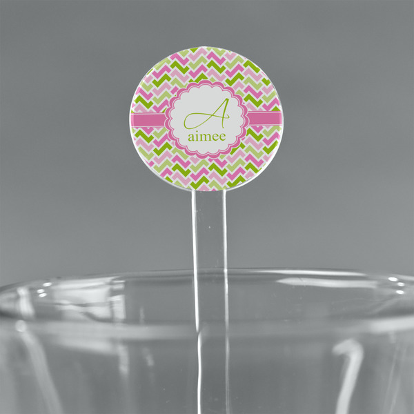 Custom Pink & Green Geometric 7" Round Plastic Stir Sticks - Clear (Personalized)