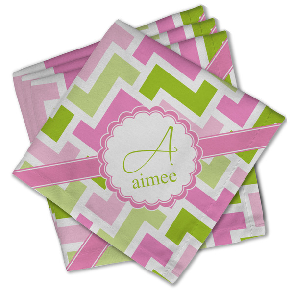 Custom Pink & Green Geometric Cloth Cocktail Napkins - Set of 4 w/ Name and Initial