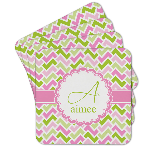 Custom Pink & Green Geometric Cork Coaster - Set of 4 w/ Name and Initial