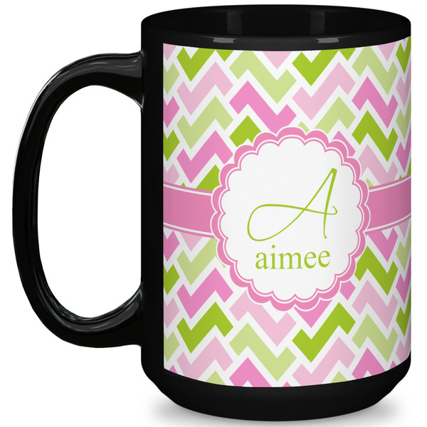 Custom Pink & Green Geometric 15 Oz Coffee Mug - Black (Personalized)