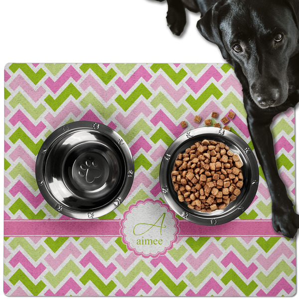 Custom Pink & Green Geometric Dog Food Mat - Large w/ Name and Initial