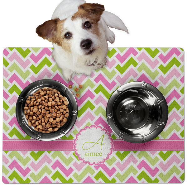 Custom Pink & Green Geometric Dog Food Mat - Medium w/ Name and Initial