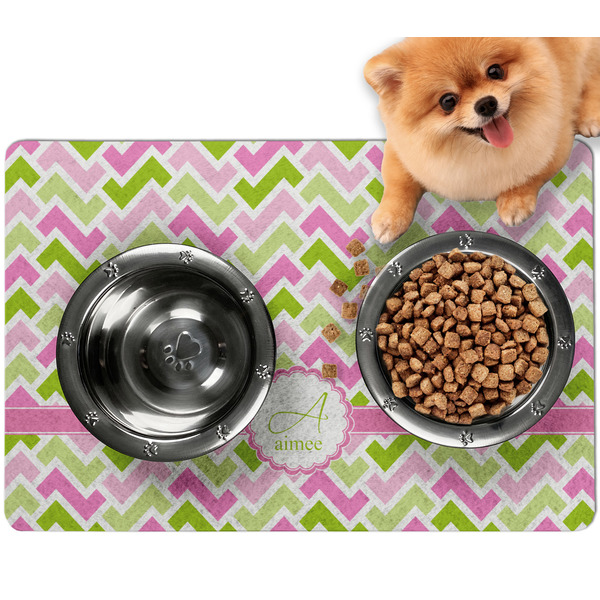 Custom Pink & Green Geometric Dog Food Mat - Small w/ Name and Initial