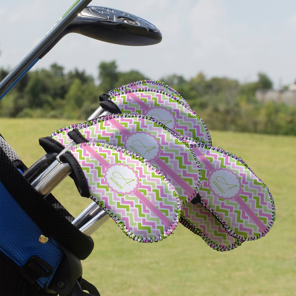 Custom Pink & Green Geometric Golf Club Iron Cover - Set of 9 (Personalized)