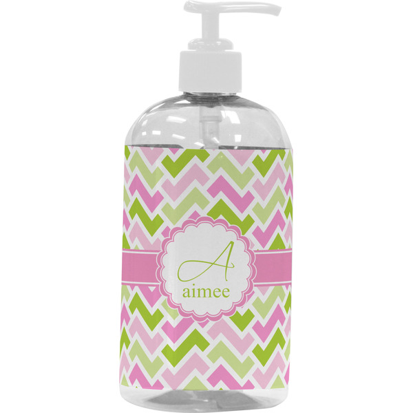 Custom Pink & Green Geometric Plastic Soap / Lotion Dispenser (16 oz - Large - White) (Personalized)