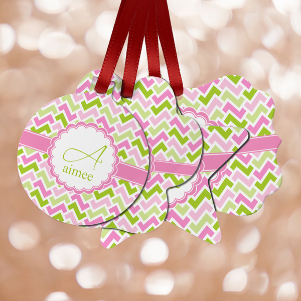 Custom Pink & Green Geometric Metal Ornaments - Double Sided w/ Name and Initial