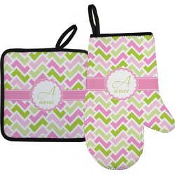 Pink & Green Geometric Right Oven Mitt & Pot Holder Set w/ Name and Initial