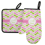 Pink & Green Geometric Left Oven Mitt & Pot Holder Set w/ Name and Initial