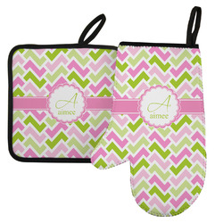 Pink & Green Geometric Left Oven Mitt & Pot Holder Set w/ Name and Initial