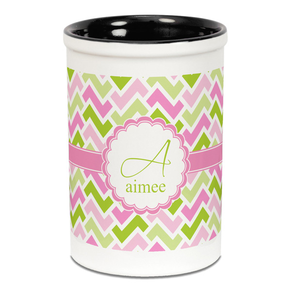 Custom Pink & Green Geometric Ceramic Pencil Holders - Black