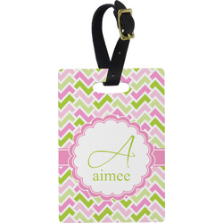 Pink & Green Geometric Plastic Luggage Tag - Rectangular w/ Name and Initial