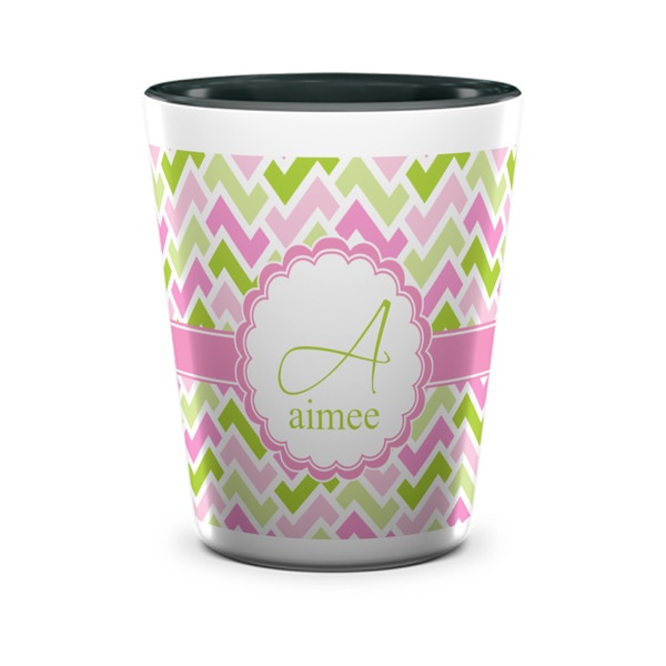 Custom Pink & Green Geometric Ceramic Shot Glass - 1.5 oz - Two Tone - Set of 4 (Personalized)