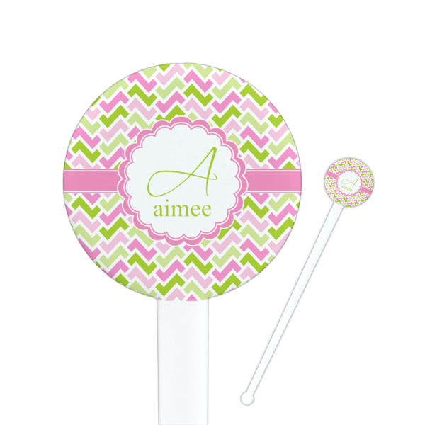 Custom Pink & Green Geometric 7" Round Plastic Stir Sticks - White - Single Sided (Personalized)