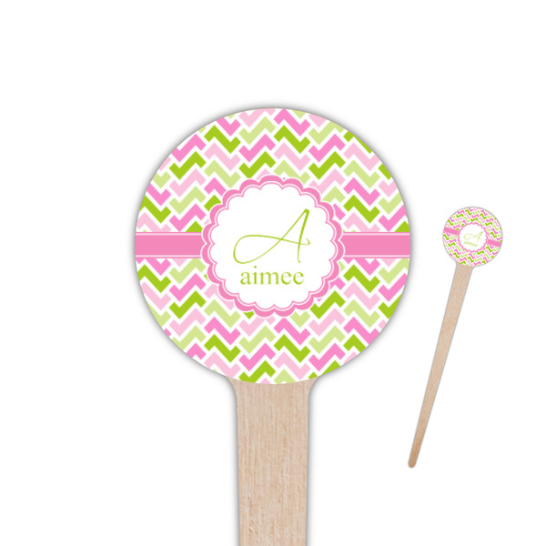 Custom Pink & Green Geometric 4" Round Wooden Food Picks - Double Sided (Personalized)