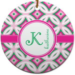 Linked Circles & Diamonds Round Ceramic Ornament w/ Name and Initial